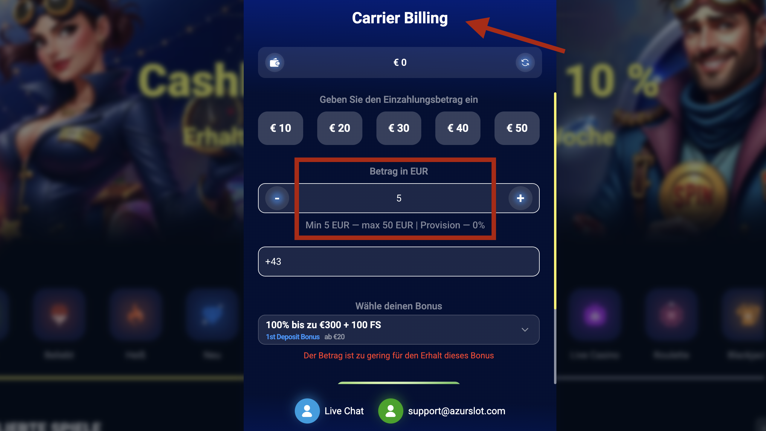 AzurSlot Casino mit Handyrechnung bezahlen