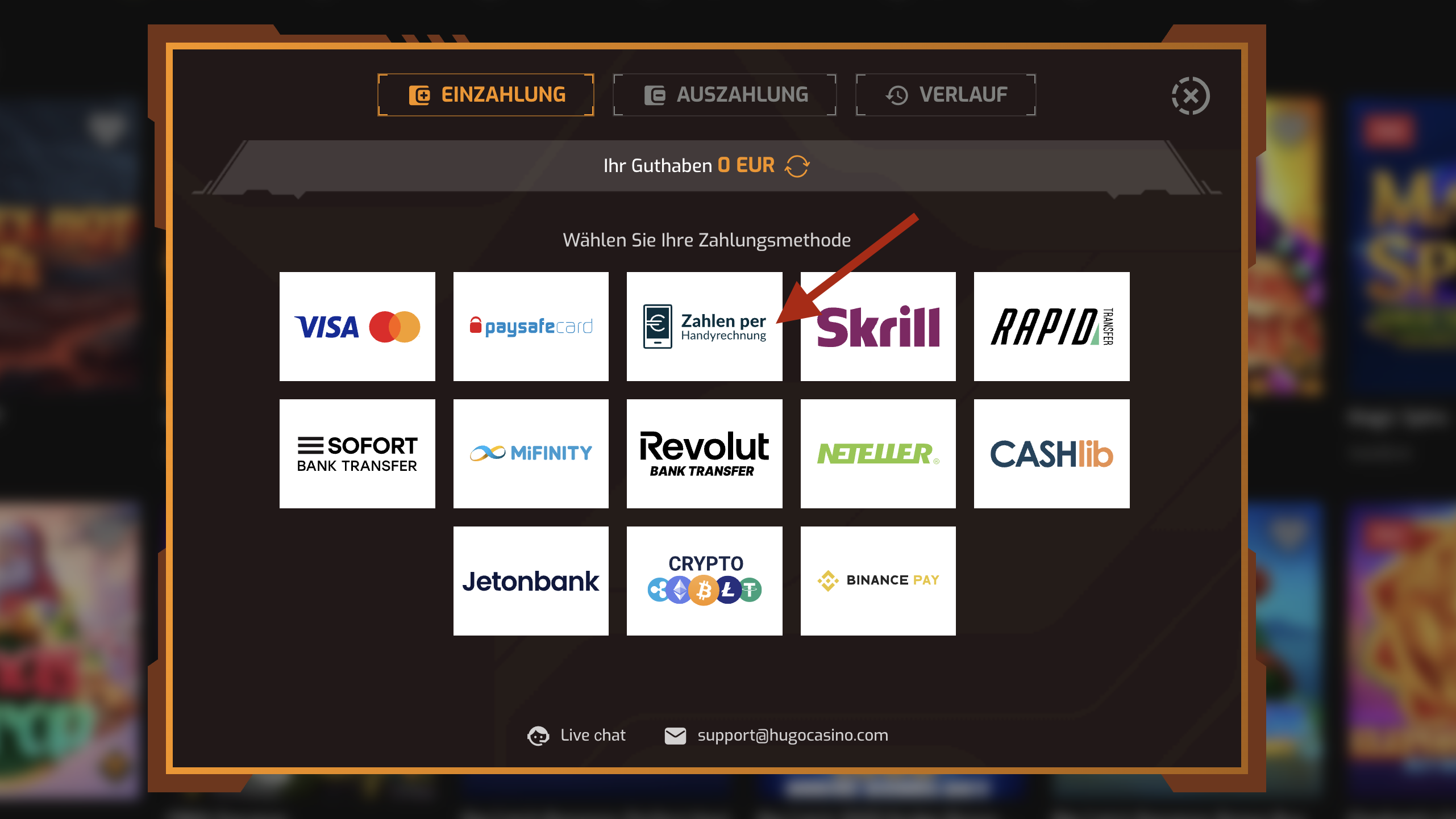 Hugo Casino mit Handyrechnung bezahlen