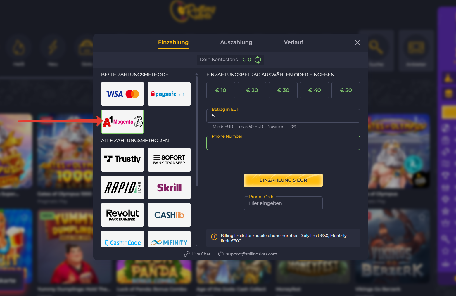 Rolling Slots Casino mit Handyrechnung bezahlen