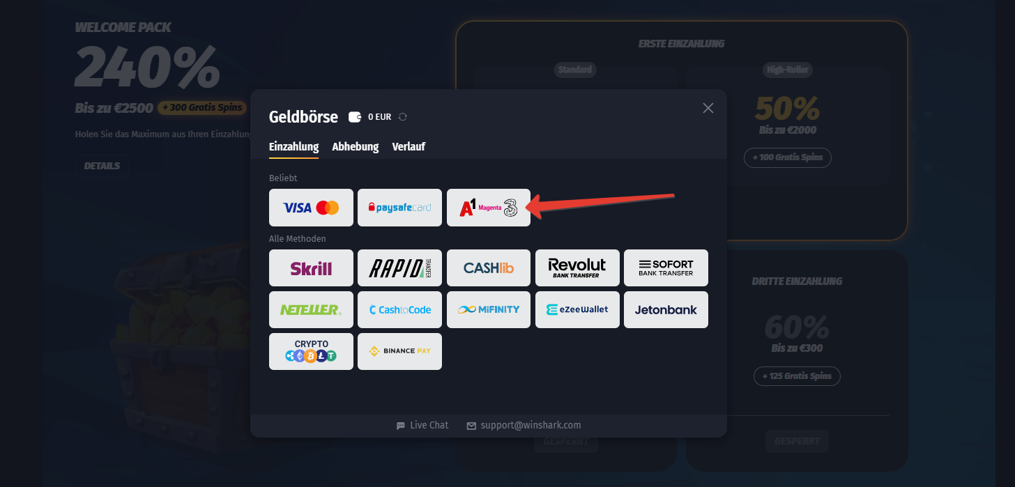 WinShark Casino mit Handyrechnung bezahlen